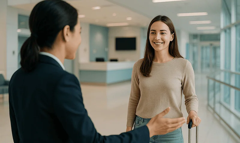 Smiling woman with luggage talking to a hospital staff member in a modern hospital lobby.