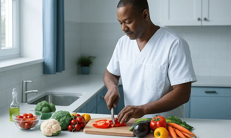 Chef preparing vegetables in a modern kitchen for healthy eating.