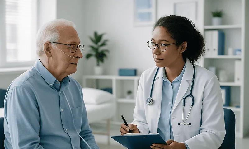Doctor consulting with elderly patient in a medical office.