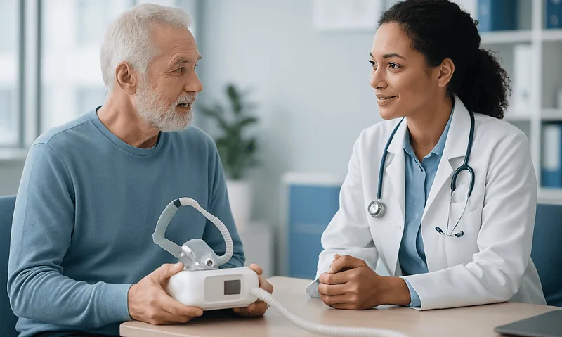 Traveling With CPAP: What International Patients Ask About Flights and Device Settings 8 Patient with CPAP device consulting with doctor in hospital.