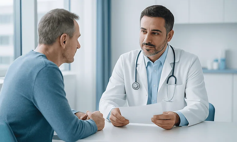 Doctor consulting with patient in a modern medical office.