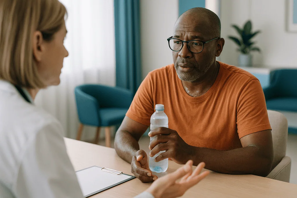 Two people in consultation, one holding water bottle: Traveling with diabetes insipidus: what actually happens in heat