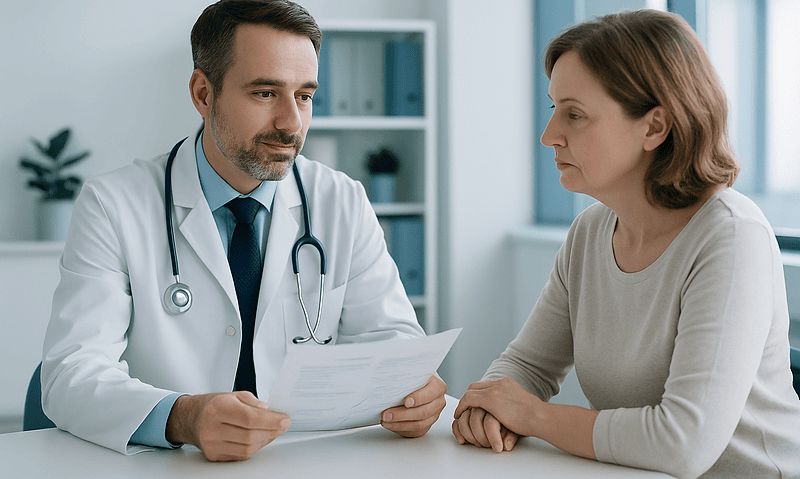 Doctor consulting with a patient in a medical office setting.