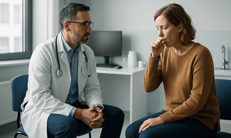 Doctor consulting with a woman patient in a medical office.