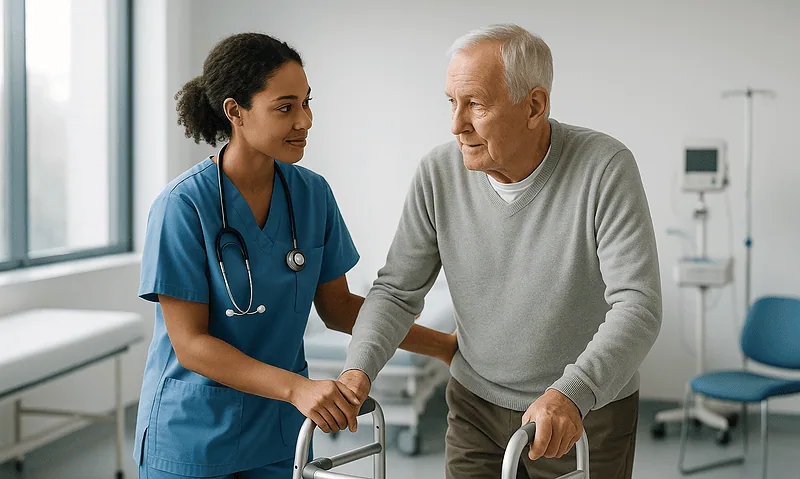 Nurse assisting elderly man with walker in hospital room.