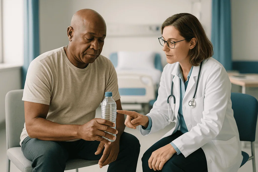 Doctor consulting with male patient in clinical setting — Treating a gout flare with reduced kidney function: what changes