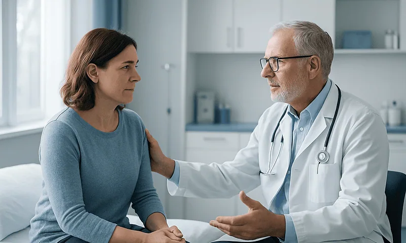 Doctor consulting with a female patient in a medical office.
