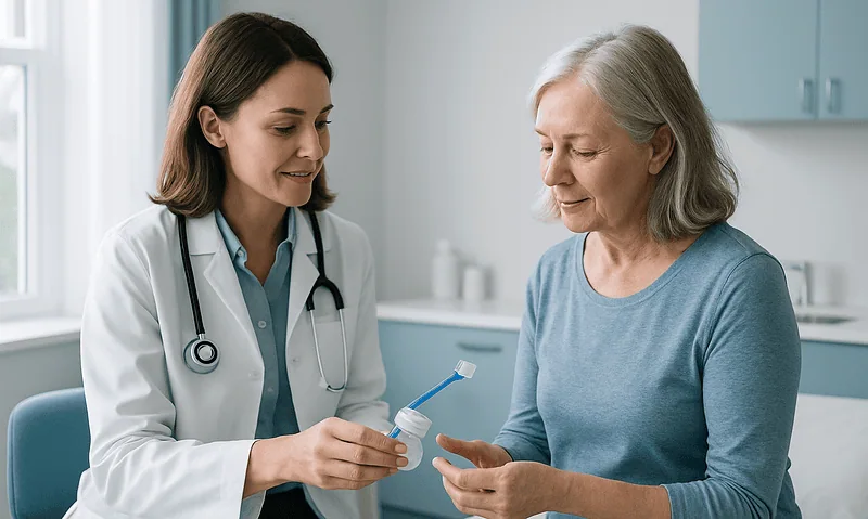 Treating Gum Disease Without a Dentist: What Actually Works at Home (and What Does Not) 5 Doctor explaining oral hygiene to elderly woman in clinic.