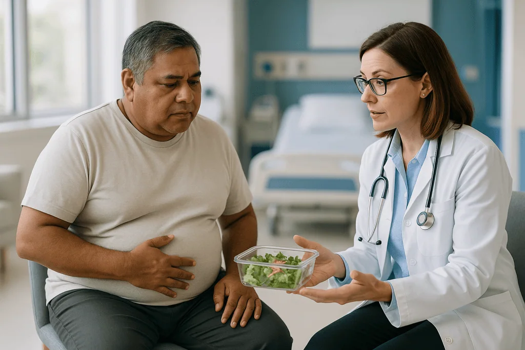 Doctor consulting overweight patient about healthy diet: Treating the cause: fatty liver disease, autoimmune and inherited c