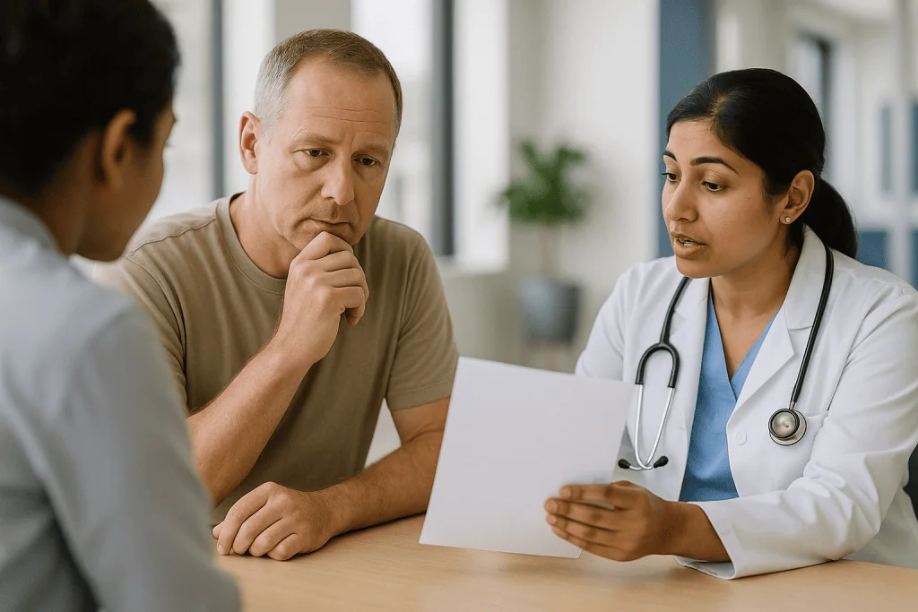Doctor consultation with patient reviewing medical documents: Treating the cause: hepatitis, alcohol, autoimmune and inherit