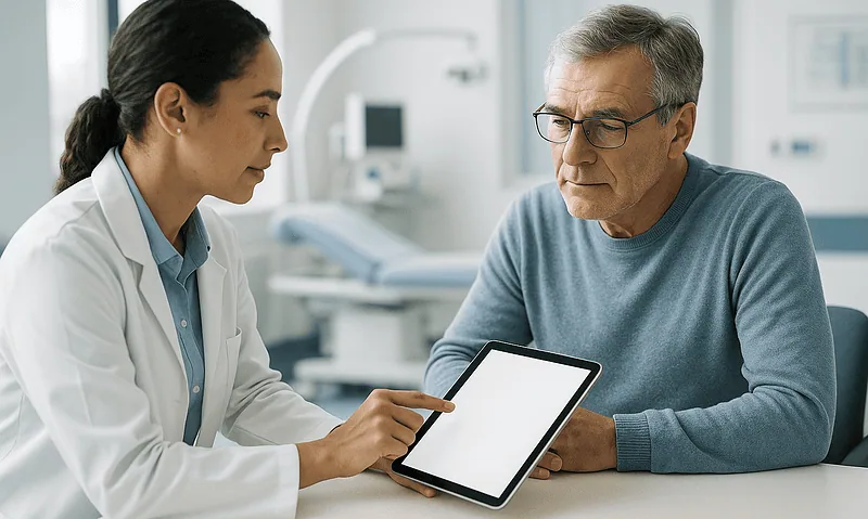 Doctor explaining treatment costs to an elderly patient with a tablet in a hospital setting.