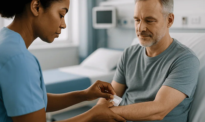 Doctor preparing medical bandage for patient in hospital room.