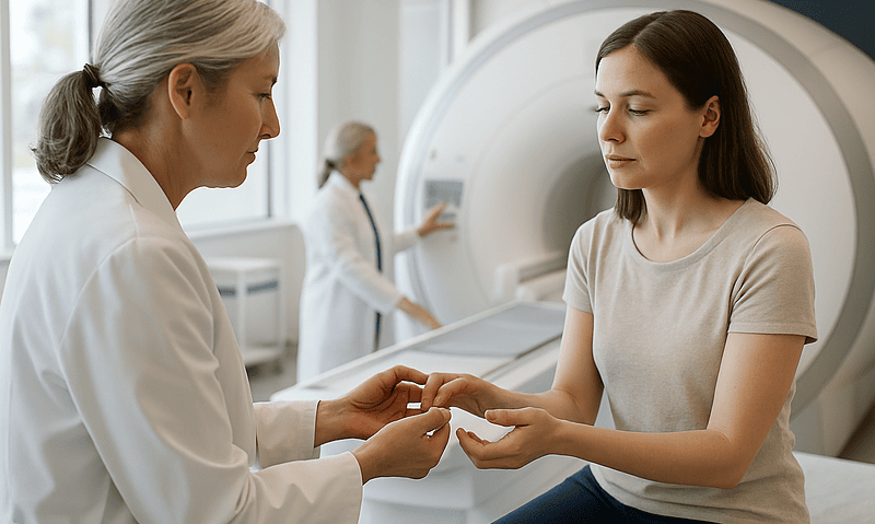 Doctor examining a patient's hand in a medical facility with MRI scanner in background.