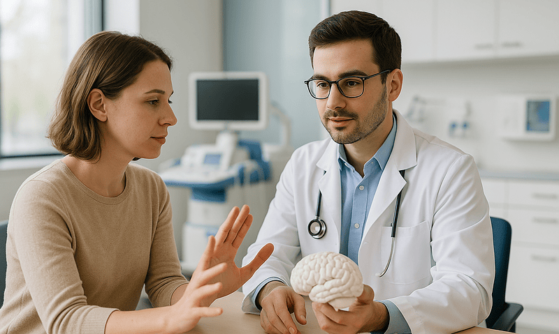 Doctor explaining tremor treatment options to a patient in a clinic setting.