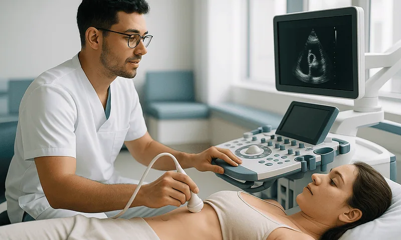 Doctor performing an ultrasound on a patient in a hospital setting.