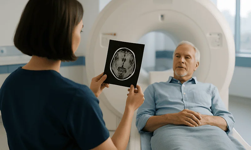 Doctor reviewing brain scan with patient in MRI room at Acibadem Hospital.