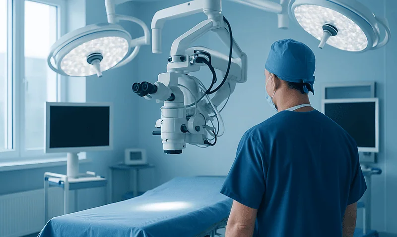 Surgeon preparing for trigeminal neuralgia surgery in a modern operating room.
