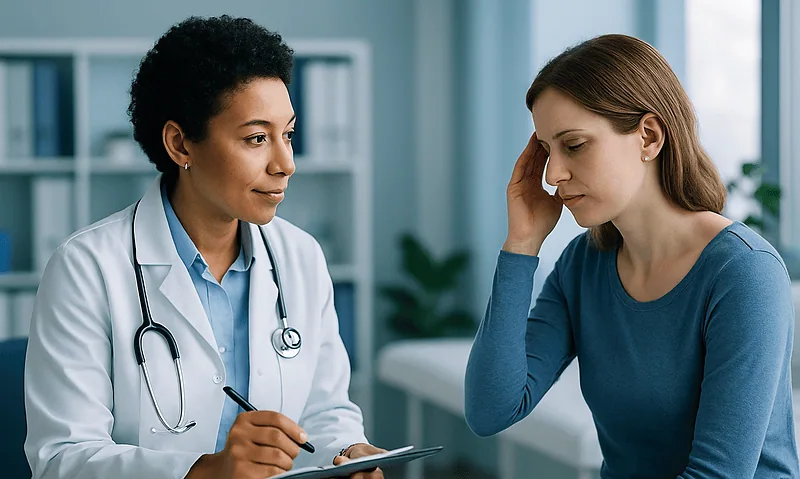 Doctor consulting with a patient about migraine assessment and tracking.