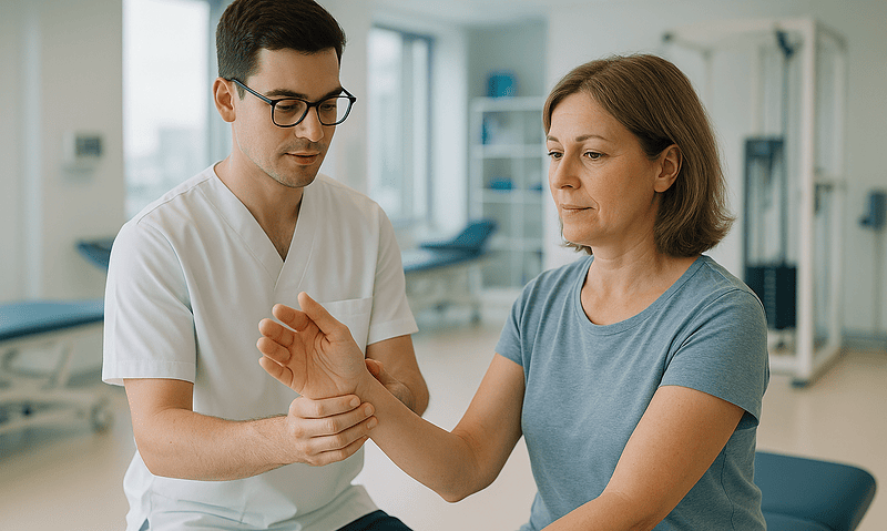 Doctor examining patient's hand for trigger finger symptoms at Acibadem Hospital.