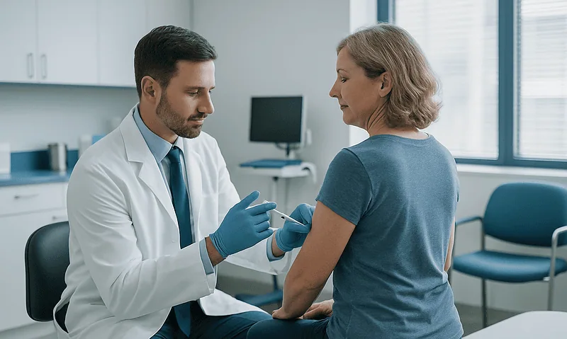 Doctor administering a trigger point injection to a patient in a clinical setting.