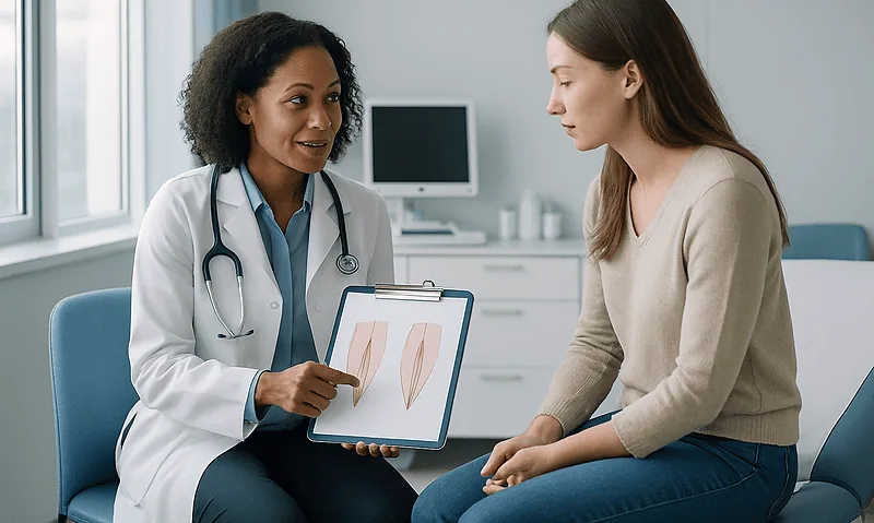 Doctor explaining labiaplasty options to patient with diagram.