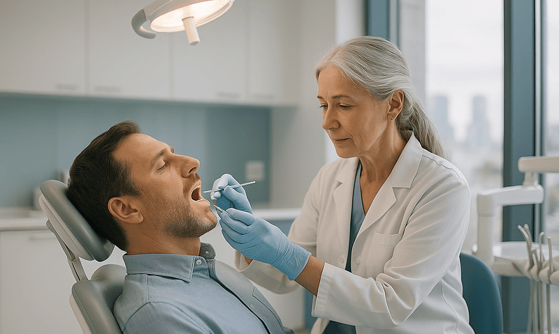 Dentist examining patient's mouth in a modern clinic setting.