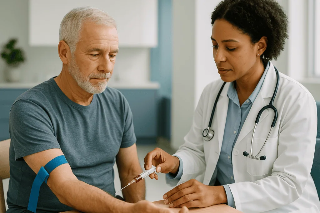 Doctor drawing blood sample from male patient: TRT and blood counts: why hematocrit is the number your doctor watches