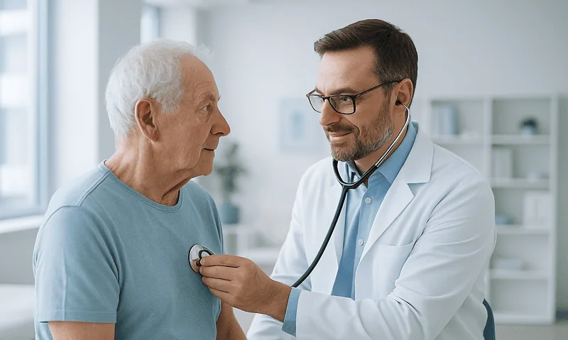 Doctor examining elderly male patient with stethoscope in clinic setting.