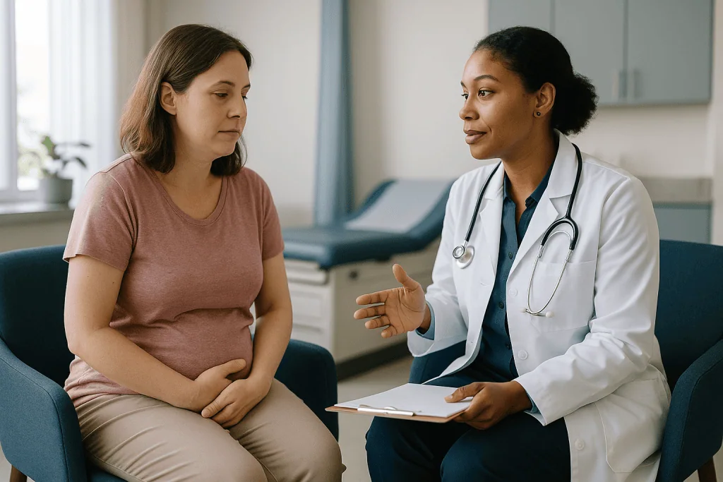 Female doctor consulting pregnant patient in clinical setting — Trying to conceive after 35: who is asked to come sooner, and