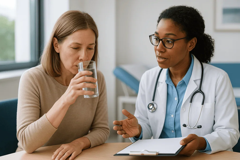 Doctor consulting with patient holding water glass: TSH levels in hyperthyroidism: why the number lags behind how you feel