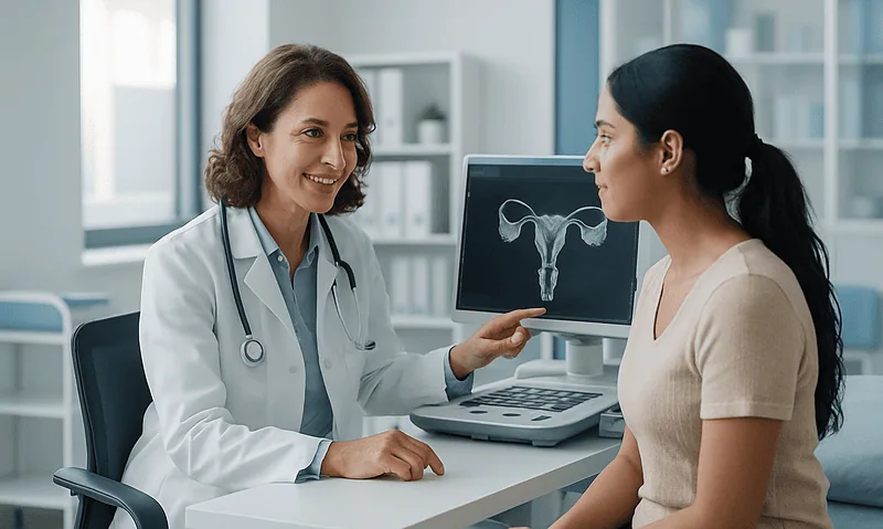 Gynecologist explaining tubal assessment to a patient in a clinic.