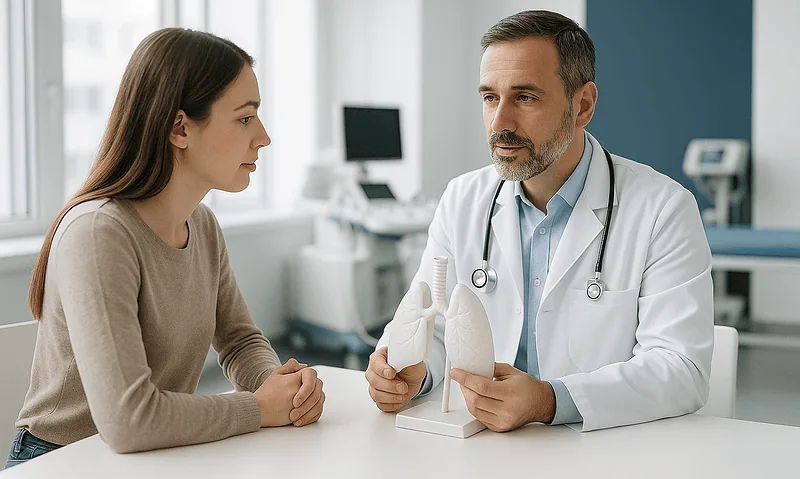 Doctor explaining lung health to a patient in a medical office.