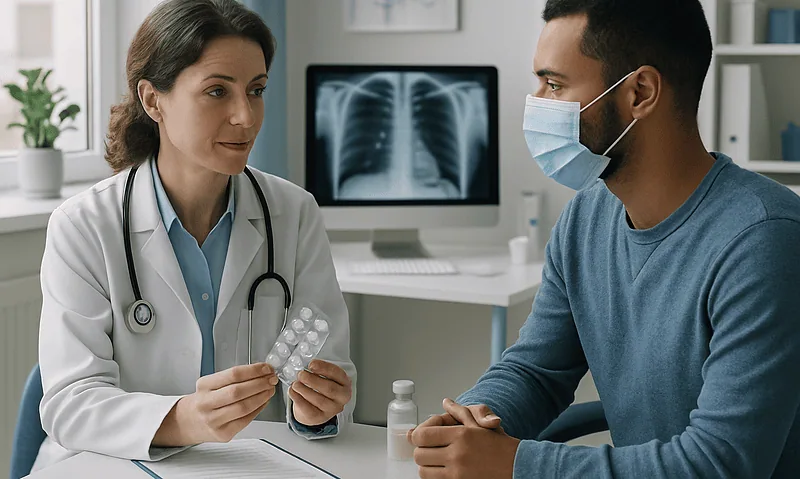 Doctor consulting with patient about tuberculosis treatment in a clinic setting.