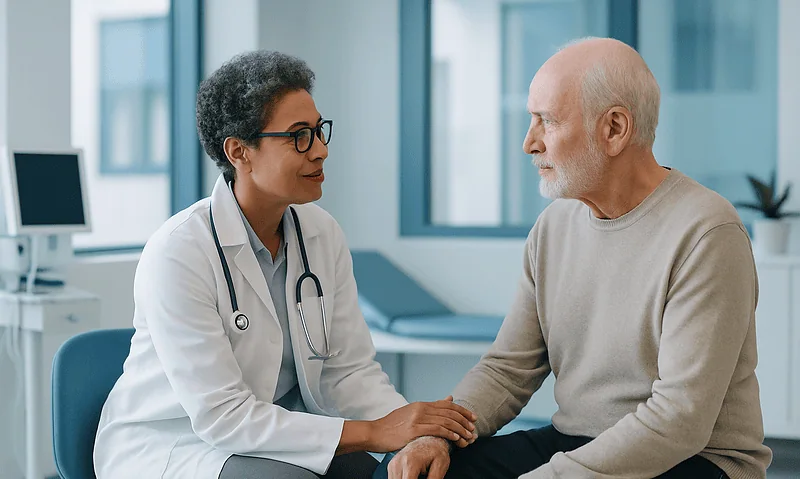 Doctor consulting with an elderly male patient in a modern hospital setting.
