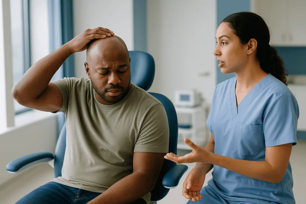 Healthcare professional consulting with male patient in clinic: Tumescent fluid: why your scalp feels tight and waterlogged