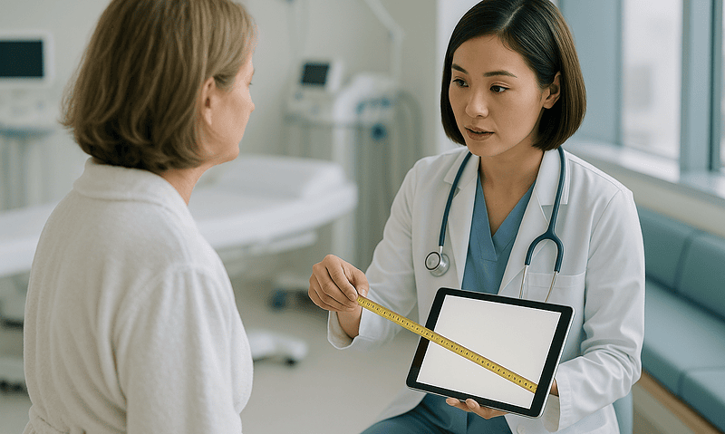 Doctor consulting with a patient about tumescent liposuction procedure.