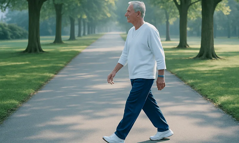 Elderly man walking in a park on a sunny day.