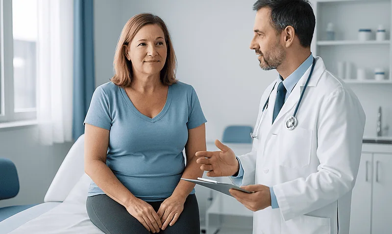 Doctor consulting with a woman patient in a medical office.