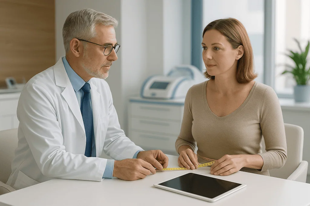 Doctor consulting with a patient about tummy tuck procedure at Acibadem Hospital.