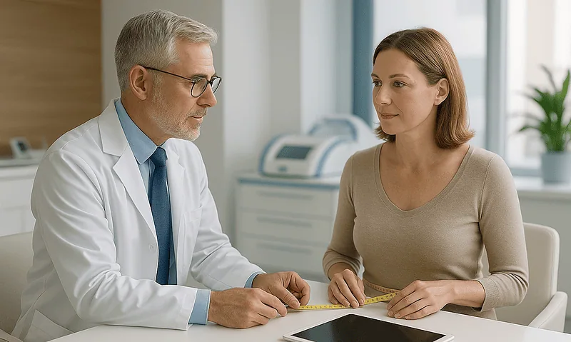 Doctor consulting with a patient about tummy tuck procedure at Acibadem Hospital.