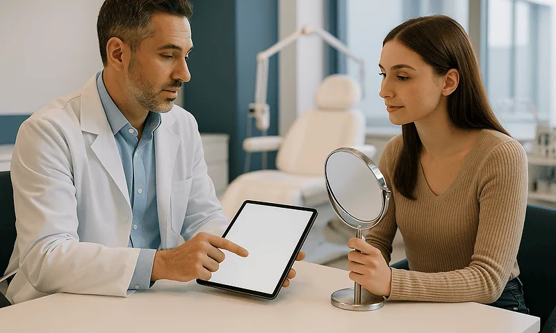 Doctor consulting with patient in a medical clinic setting.
