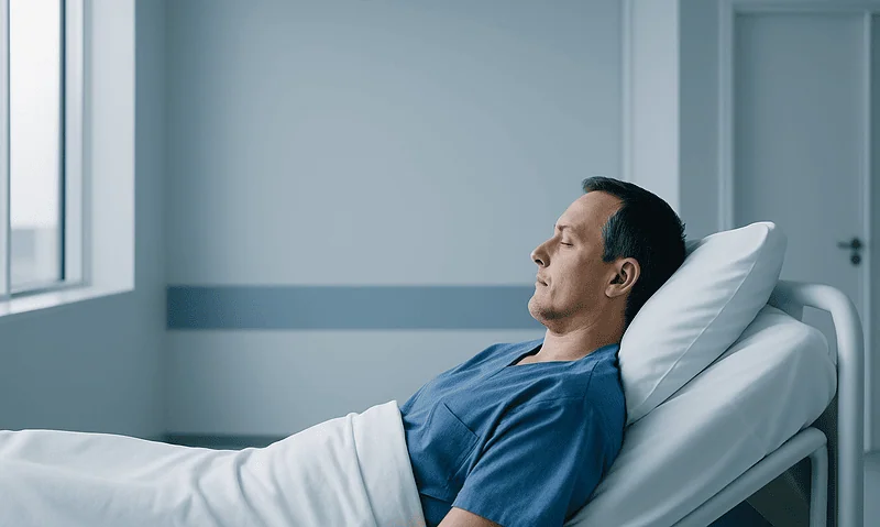Patient resting in hospital bed at Acibadem Hospital in Turkey.