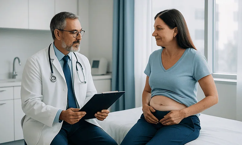 Doctor consulting with a woman patient in a medical office.