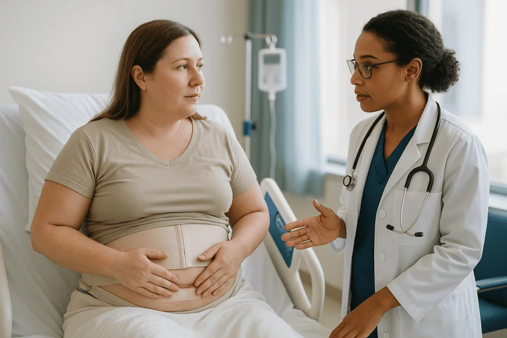 Pregnant woman consulting with doctor during prenatal checkup: Tummy tuck recovery time: what the first days and weeks usual