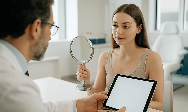 Doctor consulting with young woman patient in a medical office.