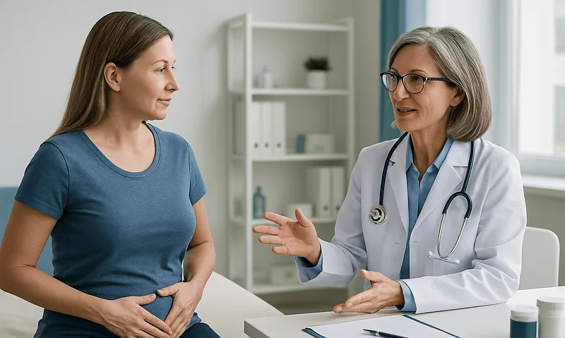 Doctor consulting with pregnant woman in a medical office setting.