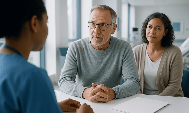Doctor consulting with elderly couple in a medical office setting.