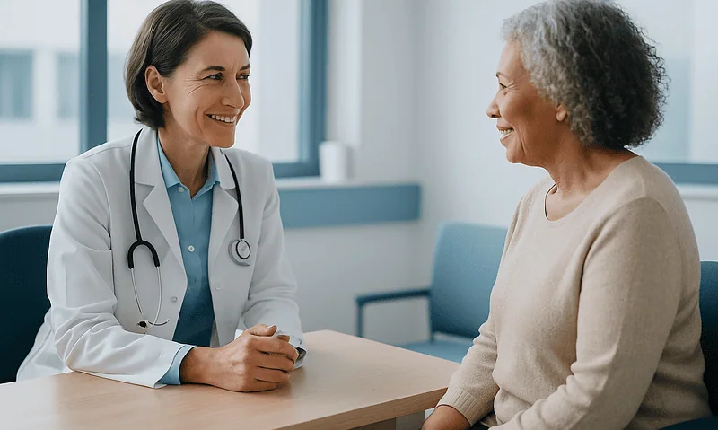 Doctor consulting with an elderly female patient in a modern clinic.