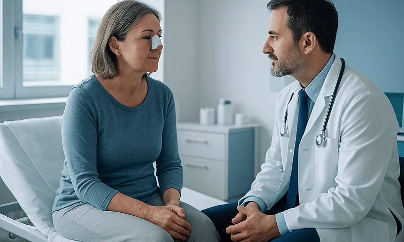 Doctor consulting with middle-aged female patient in hospital room.