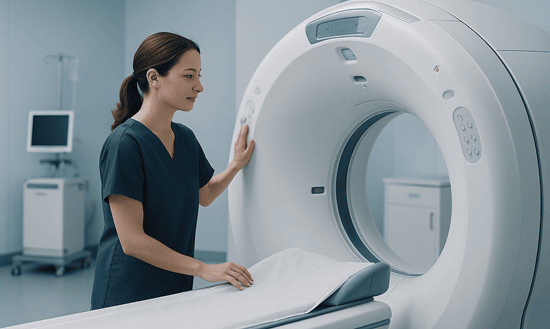 Medical professional prepares MRI machine for patient scan at Acibadem Hospital.